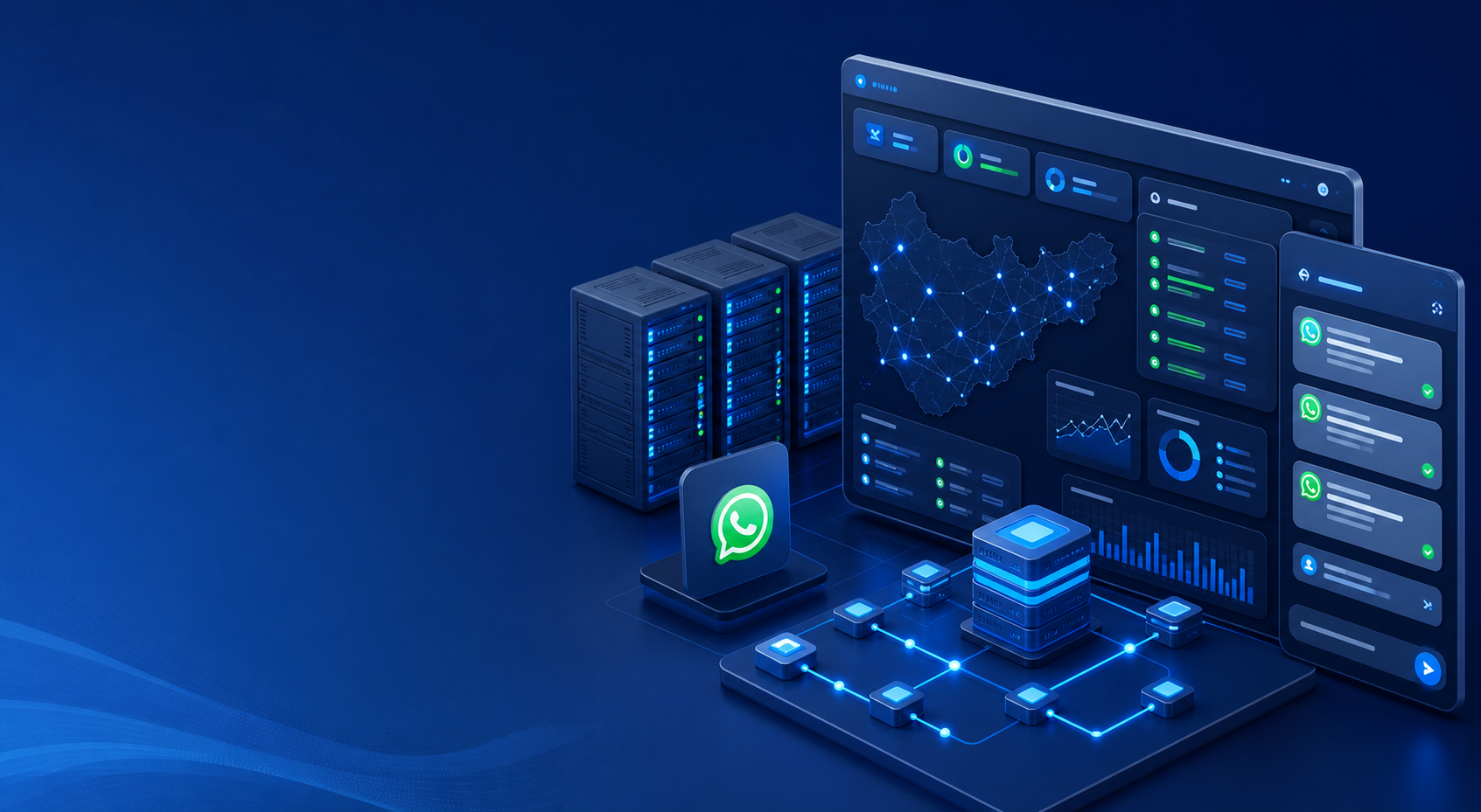 Network operations dashboard with server monitoring and WhatsApp alert visuals